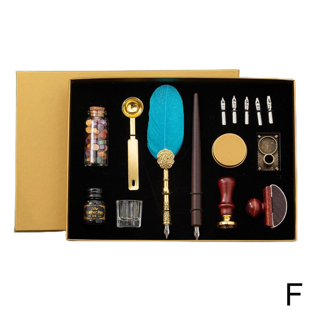 Vintage Feather Dip Fountain Pen Sets Calligraphy Writing Stamp Pen Set Ink Blotter Stationery Pen Holder Supplies Dip Scho M5r8: Lake Blue