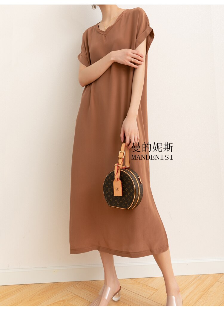 Vestido Midi de seda crepé grueso para mujer, Vestido largo de manga corta con escote en V y abertura lateral, talla L XL, MM112, 100%