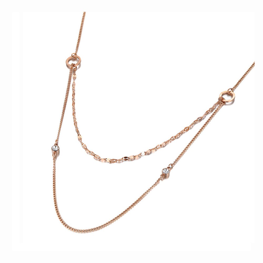 Lokaer Bohemia Stainless Steel Double-layer Choker Necklace CZ Crystal Charm Pendant Chain & Link Jewelry For Women N20055: Rose Gold