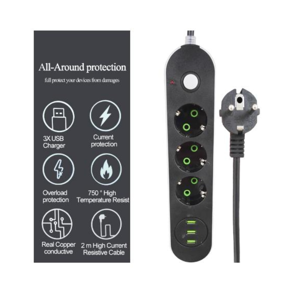 Ue plug power strip tomada 3 portas usb multi cabo de extensão tomada 2m/3m