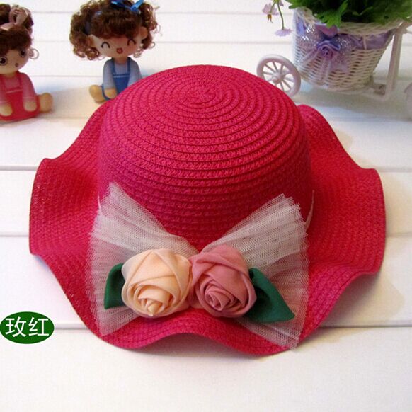 Sun Hats For Girl Summer Children Flouncy Straw Hat Two Roses Bud Silk Caps: Rose red