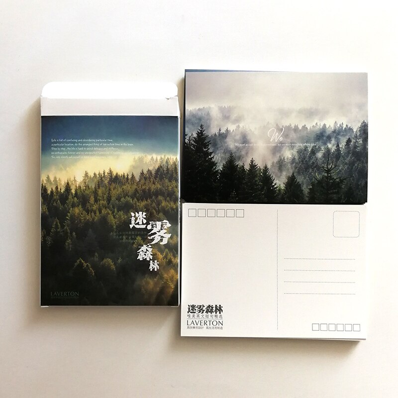 30 unids/set Foggy Forest con frase inglesa clásica Selección de tarjetas de paisaje de fotografía de bosque postales
