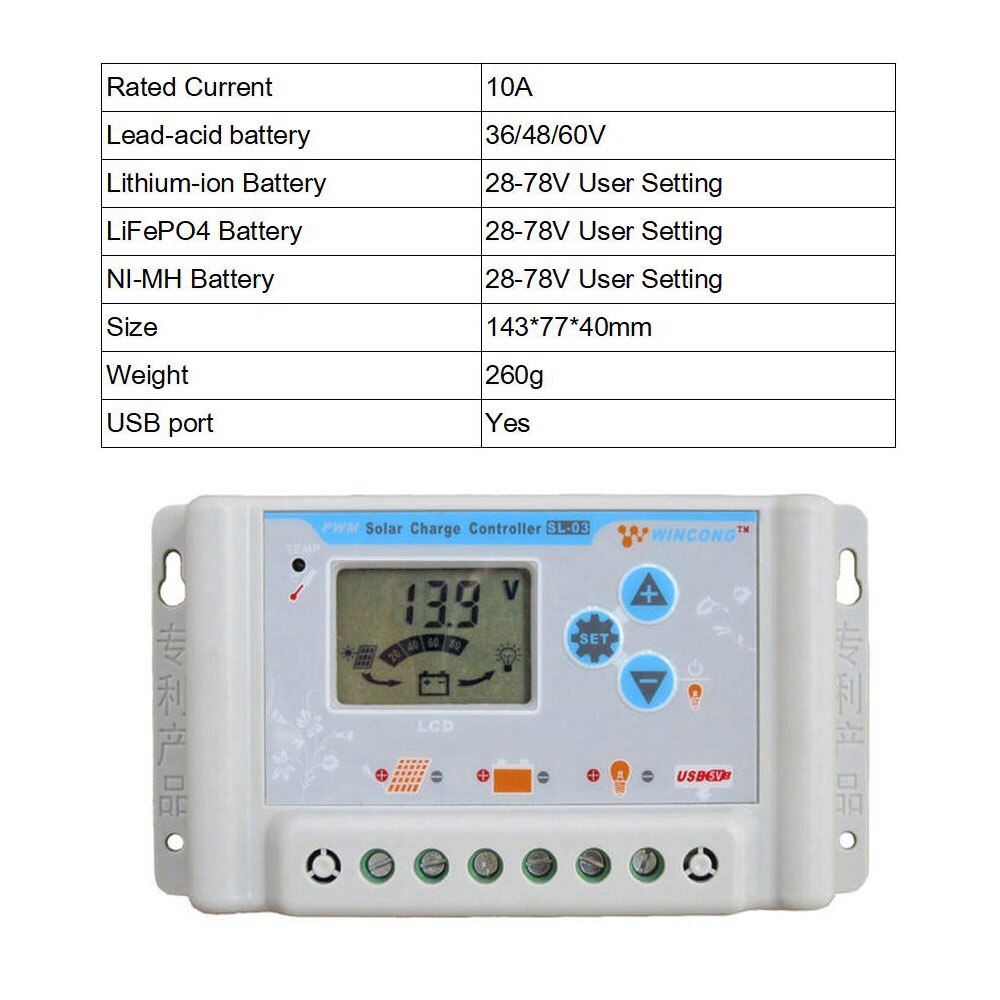 1Stck 10A 20A 30A Wincong Solar- Laderegler 12V 24V LI LI-Ion NI-MH LiFePO4 Batterie Regler Einstellbar: 10A 48V