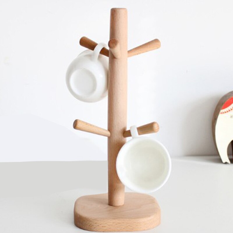 Tre kjøkken oppbevaringsstativ krus stativ treetrekkbart bambus krus stativ oppbevaring kaffe tekopp arrangør hengerholder med 6 kroker