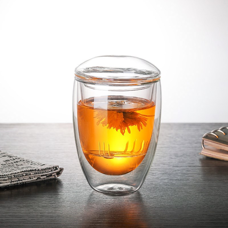 double walled high borosilicate glass tea cup, transparent food grade 350ml with infuser egg shape cup