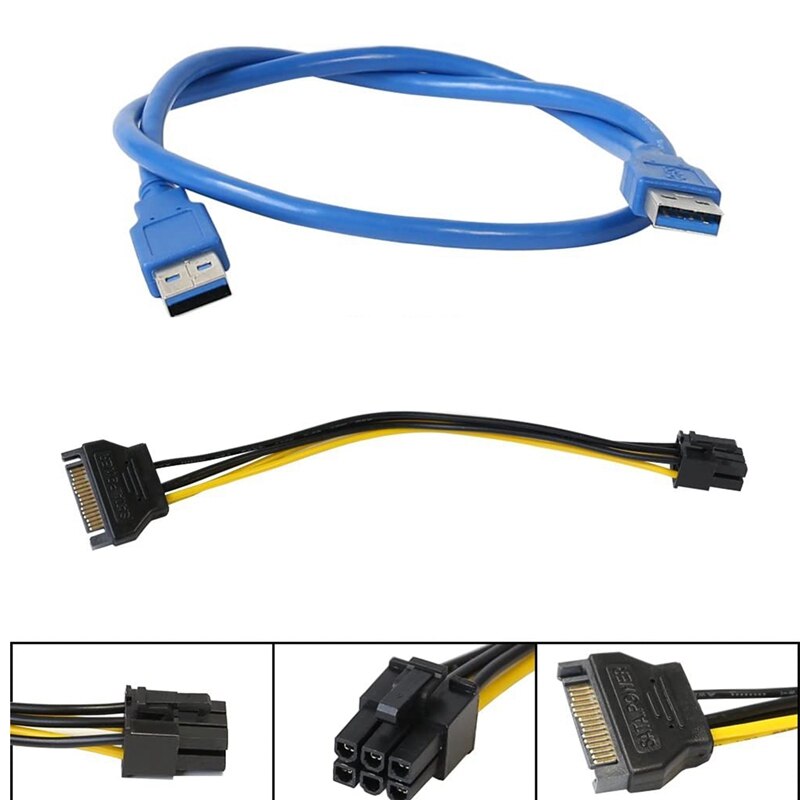 PCIE Riser 1X to 16X Powered Riser Adapter Card ,60cm USB 3.0 Extension Cable, 6 Pin SATA Power Cable - 6 Pack