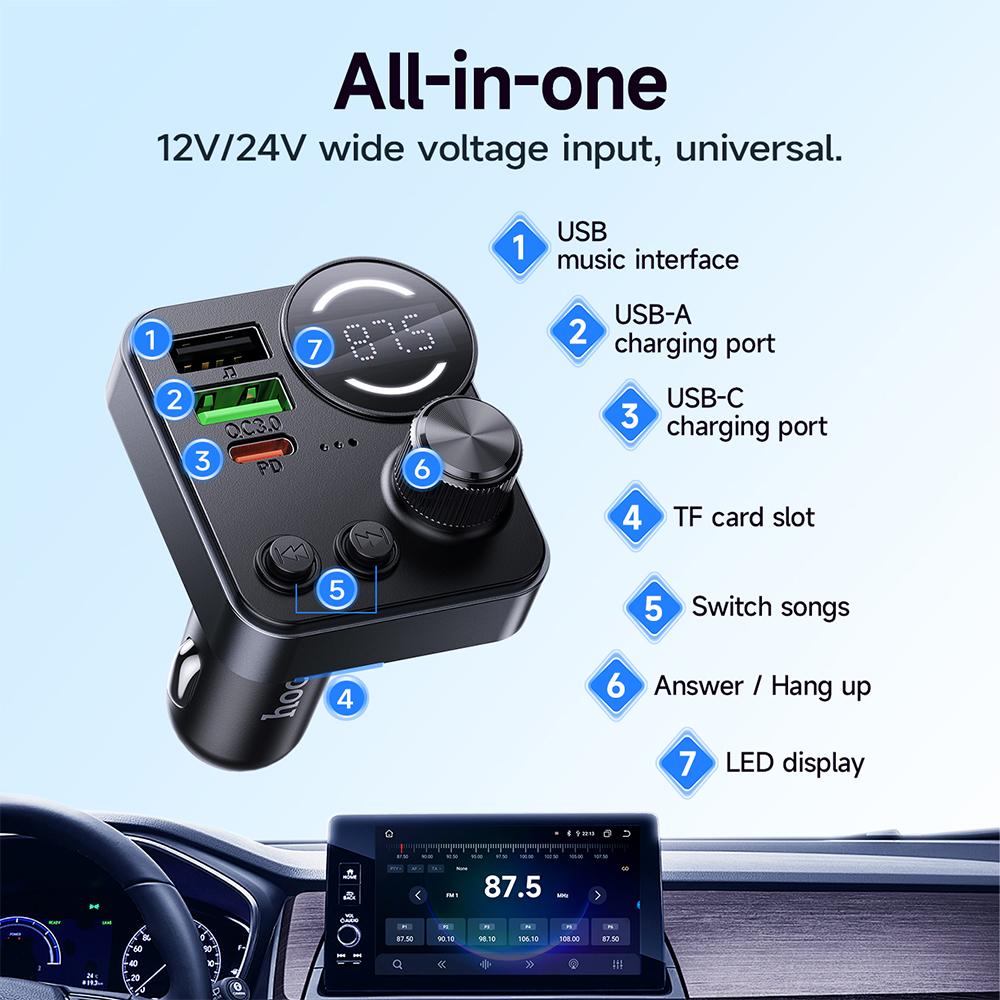 HOCO 48W Dual Port USB A QC3.0 Car Bluetooth FM Tramsmitter Wireless Handfree Adapter in Car For Music Audio PD30W USB C Charger