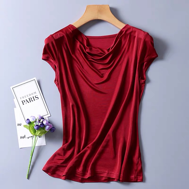Dame #39 silke 50%  viskosestrik t-shirts s 50%  draperet halsudskæring top 8 farver m -2xl sj305: Xl / Rød
