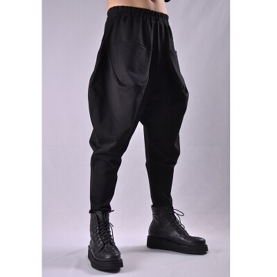 Dark Autumn and winter men small feet Harem loose elastic casual pants personality drum hips low crotch Jodhpurs