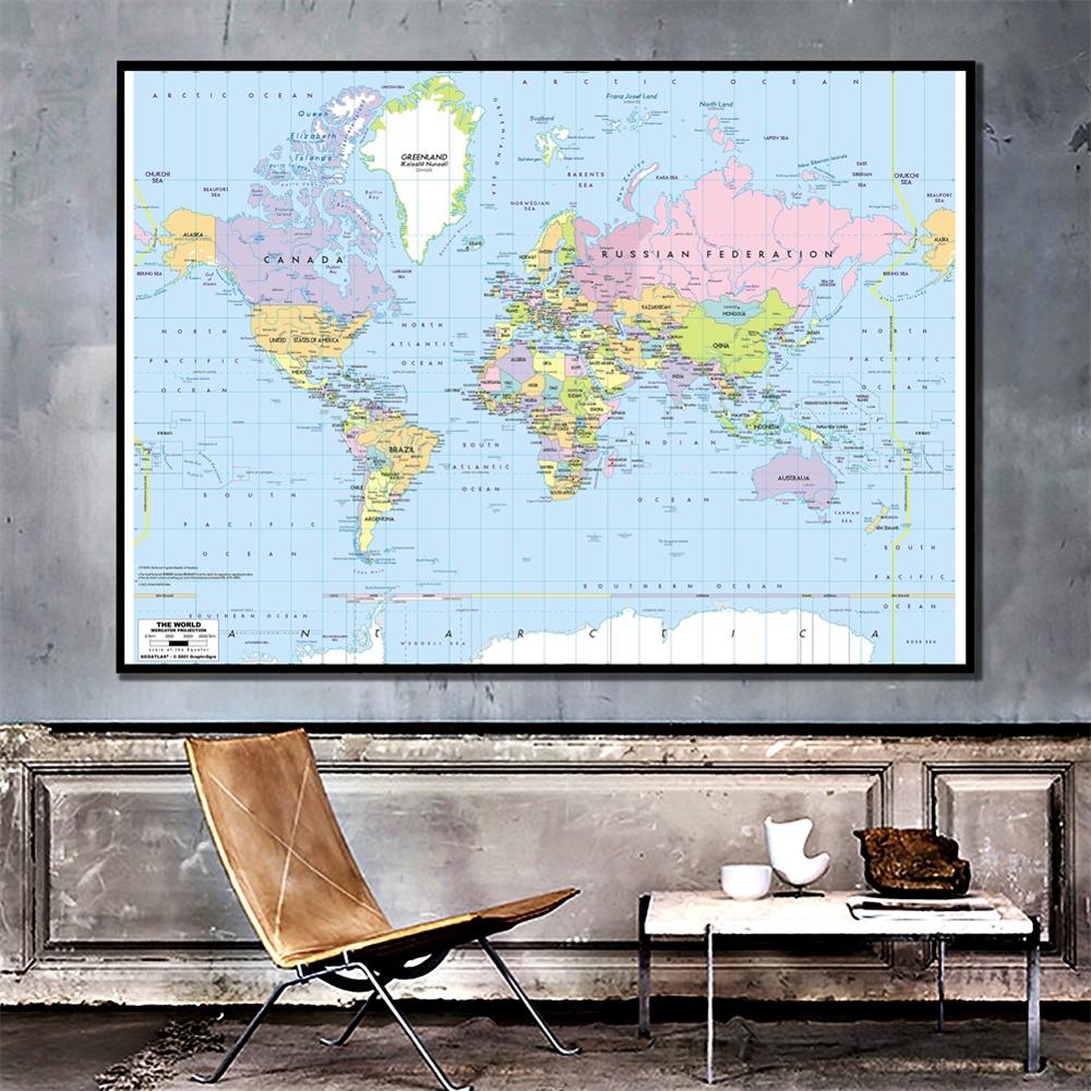 24x36cm The World Mercator Projection Map HD Fine Canvas Spray Painting For Bedroom Wall Painting