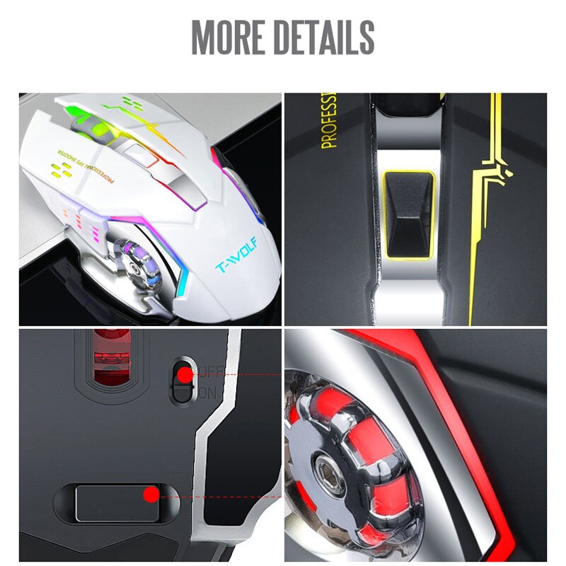 Kabellose gaming-maus, wiederaufladbar, leise, mit kühlender atemlampe, ergonomisch, reaktionsschnell, für laptop, pc, macbook und büro.