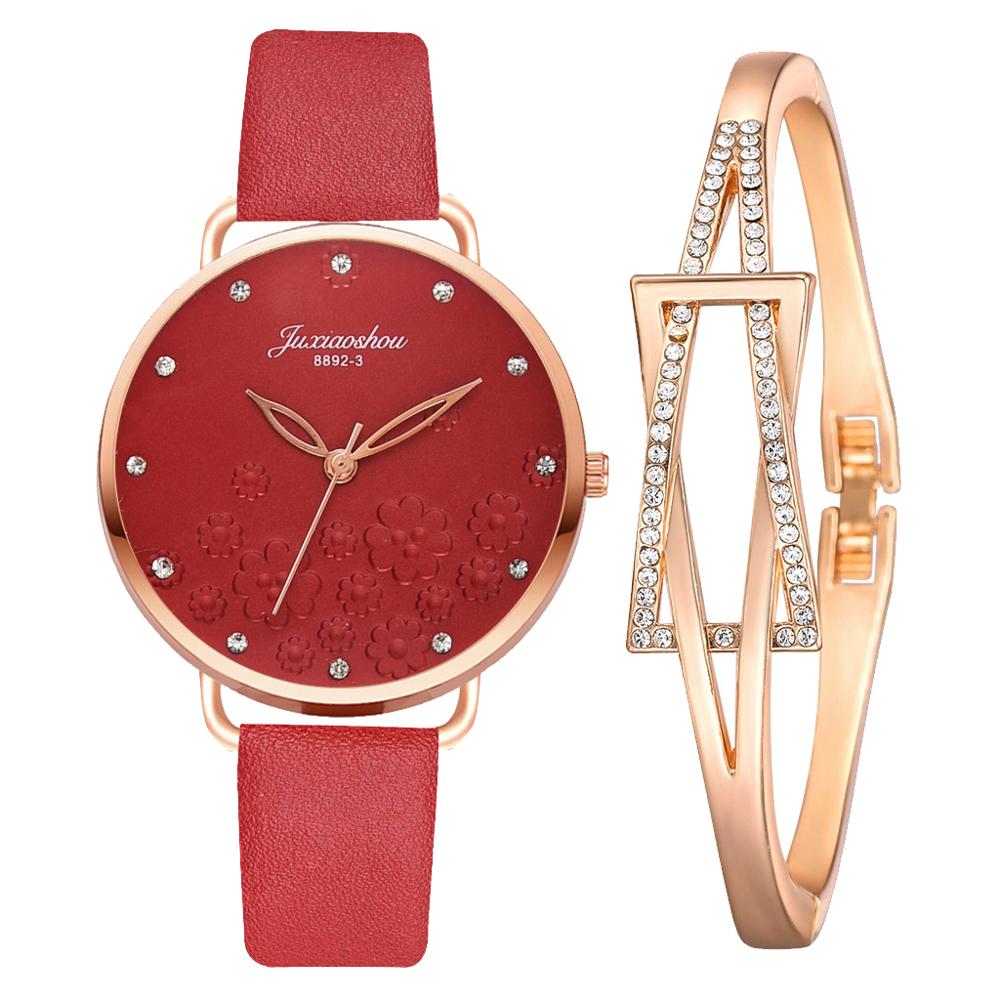 Frauen Diamant Uhr Blumen Runden Zifferblatt Armbinde Uhren einstellen Damen Leder Band Quarz Armbanduhr Weibliche Uhr Zegarek Damski: 2Stck rot