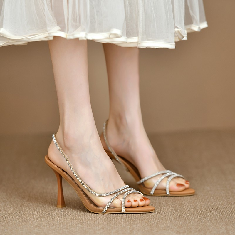 Kvinder sommer rhinsten slingback pumps kontordame transparente hæle sandaler spidse tå sexede høje hæle