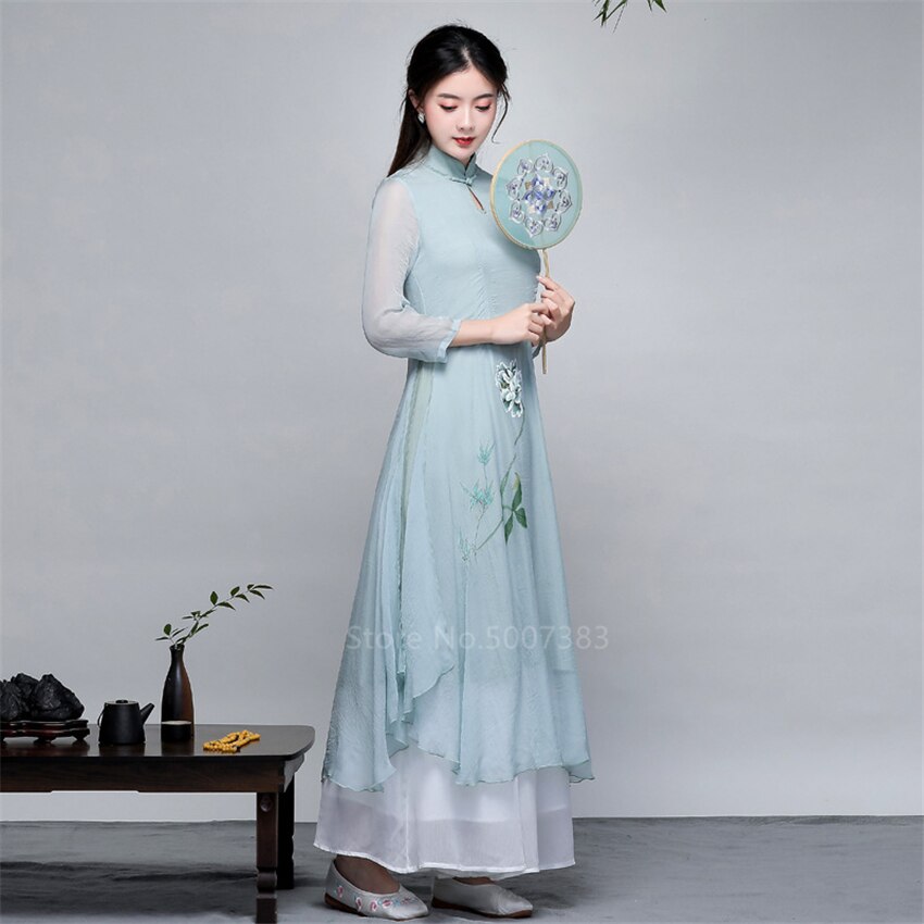 Kvinner ao dai langermet sommer chiffong vietnam kjole retro stativ krage cheongsam asiatiske klær te qipao: Kjole / M