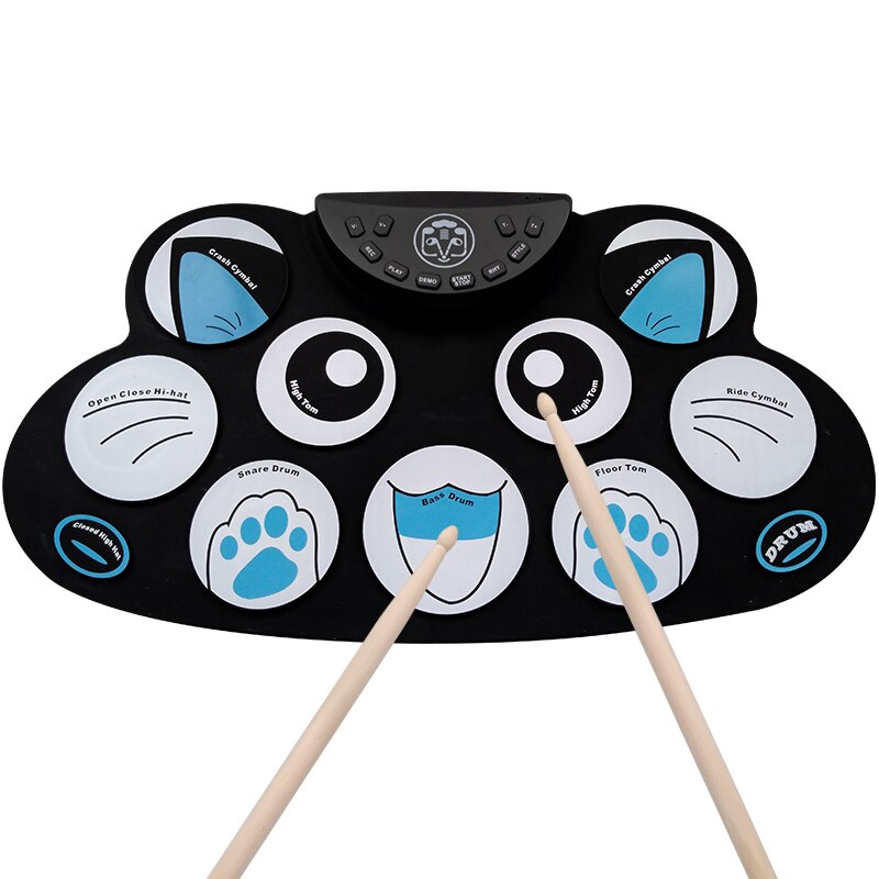Compact Size USB Roll-Up Silicon Drum Set Digital Electronic Drum Kit 9 Drum Pads with Drumsticks Foot Pedals: G602 blue cat