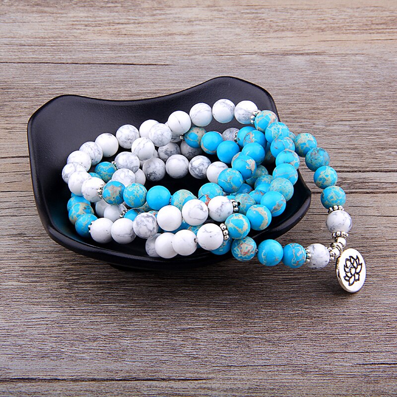 Natuursteen Mala Armband 108 Kralen Armband Turkoois Lotus Charm Voor Man Handgemaakte Armband Casual Sieraden Pulseras