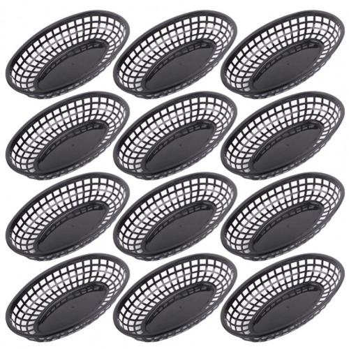 12Pcs Plastic Platter Oval Food Baskets For Fries Burgers Dog Cake Hamburger Plate Restaurant Supplies: black