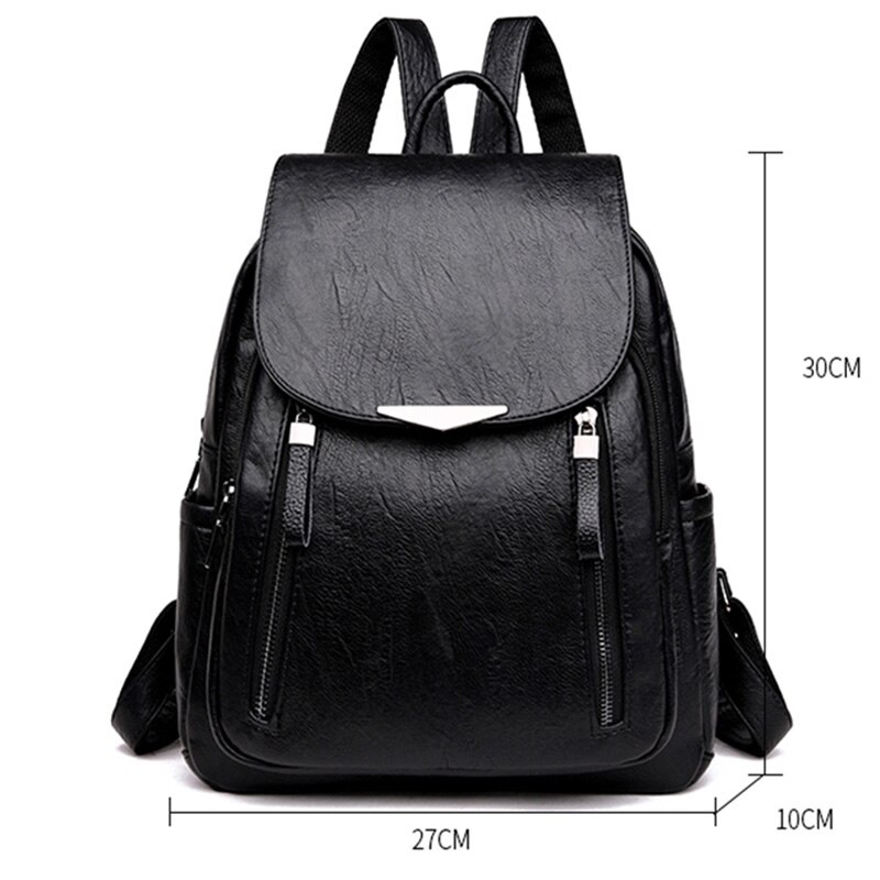 Afslappet kvindelig læder kvinders rygsæk stor kapacitet skoletaske til pige dobbelt lynlås fritid skuldertaske rygsæk: Sort
