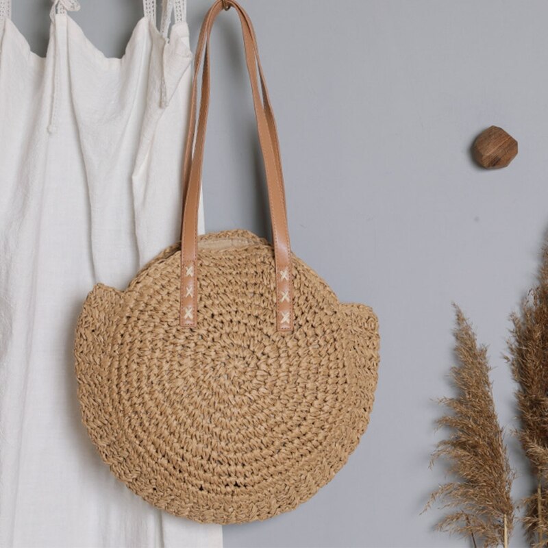 Round Straw Beach Bag Vintage Woven Shoulder Bags Rattan Bohemian Summer Vacation Casual Handbag for Women Girls: Khaki