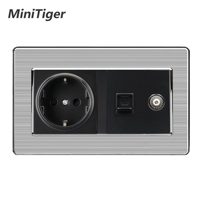 Minitiger eu standard vægstik+hun tv-stik med internet computer data  rj45 kat 5e stik rustfrit stål børstet panel: Sort