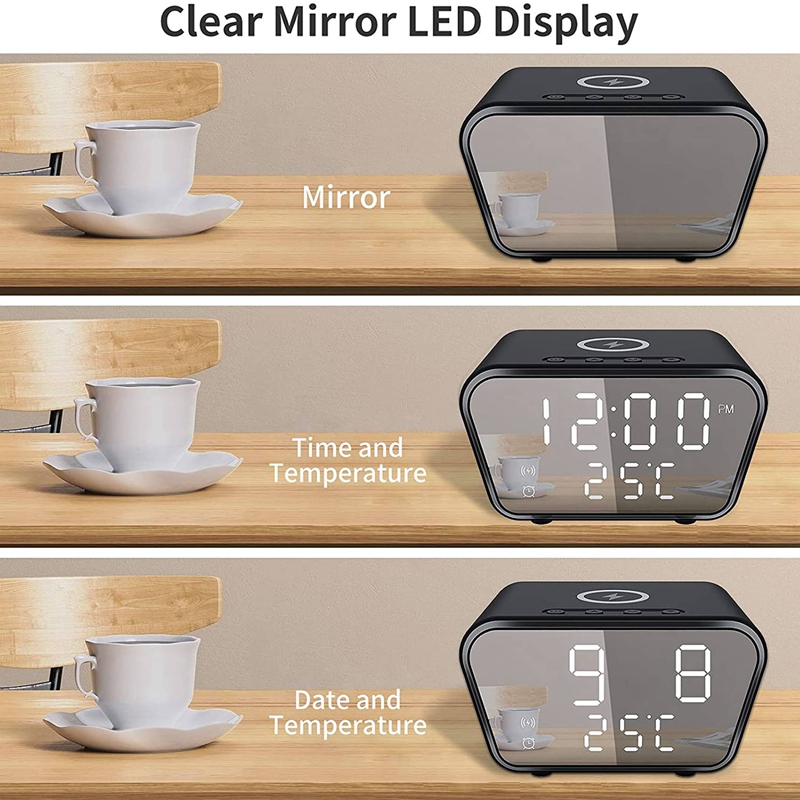 Alarm Clock with Wireless Charging - Alarm Clocks Bedside Mains Powered, 3 Alarms,LED Display with Time/Temperature/Date