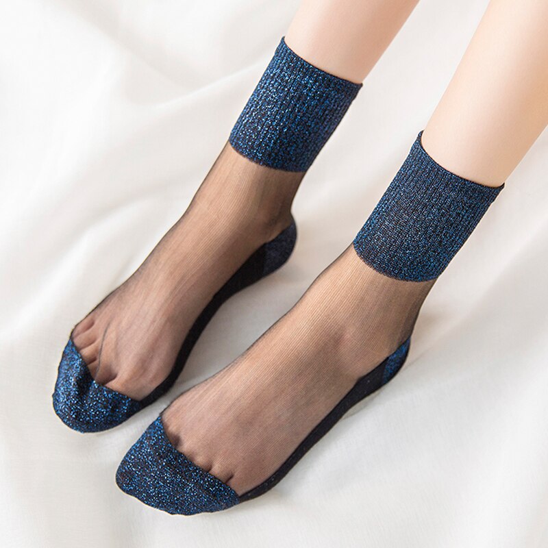 Kvinnor sommar glitter siden tunna strumpor dam spets mesh glänsande elastiska strumpor patchwork färger kristall genomskinliga vriststrumpor 8 färger