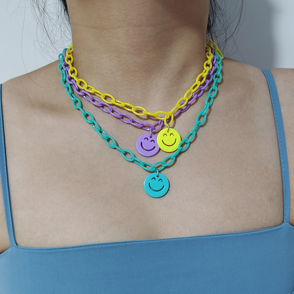 ZX collana con ciondolo a forma di faccia rotonda Color caramella per donna collana con catena in resina geometrica dichiarazione gioielli all&#39;ingrosso INS