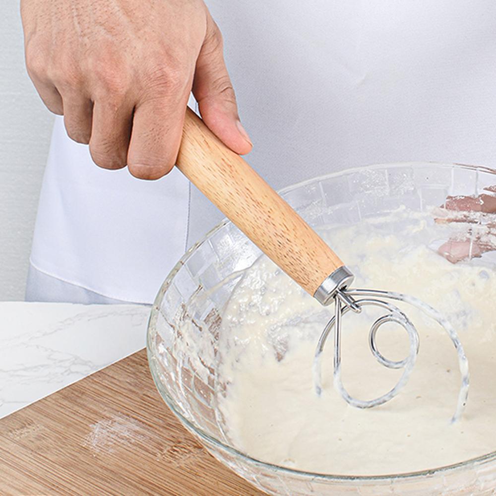 Dansk dej piskeris rustfrit stål brøddej håndmixer i hollandsk stil træskaft køkken bageværktøj konditorblender