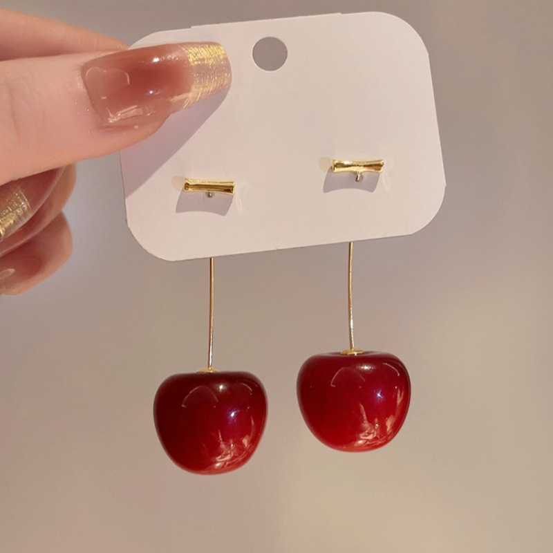 Zoete rode kersen oorbellen voor vrouwen, delicate fruitvormige hangende oorbellen, geschikt voor bruiloften en feestjes, koreaanse oorsieraden