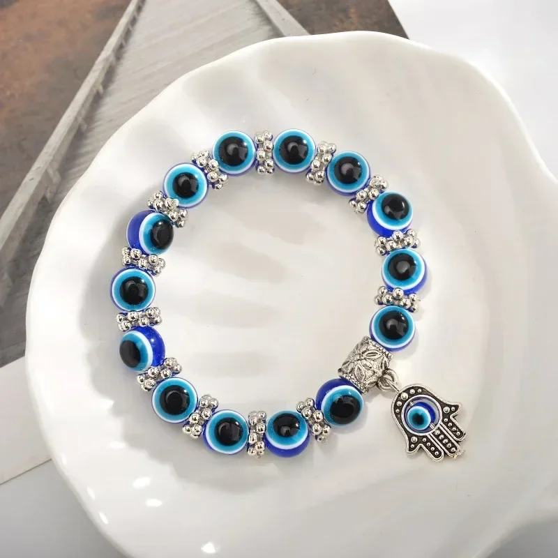 Pulsera Vintage de mal de ojo azul para mujer, amuleto de la suerte de los deseos, pulsera de mano de Fátima, pavo de la suerte, colorida, Simple, de , 2 uds.