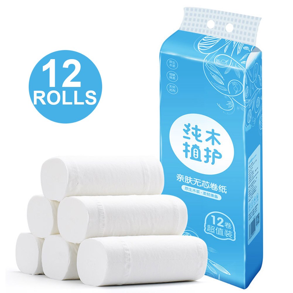 12 Rolls Coreless Roll Paper 4-Layer Thicken Wood Pulp Paper Towel Household Toilet Paper Bathroom Tissue Wetable Nakin Paper