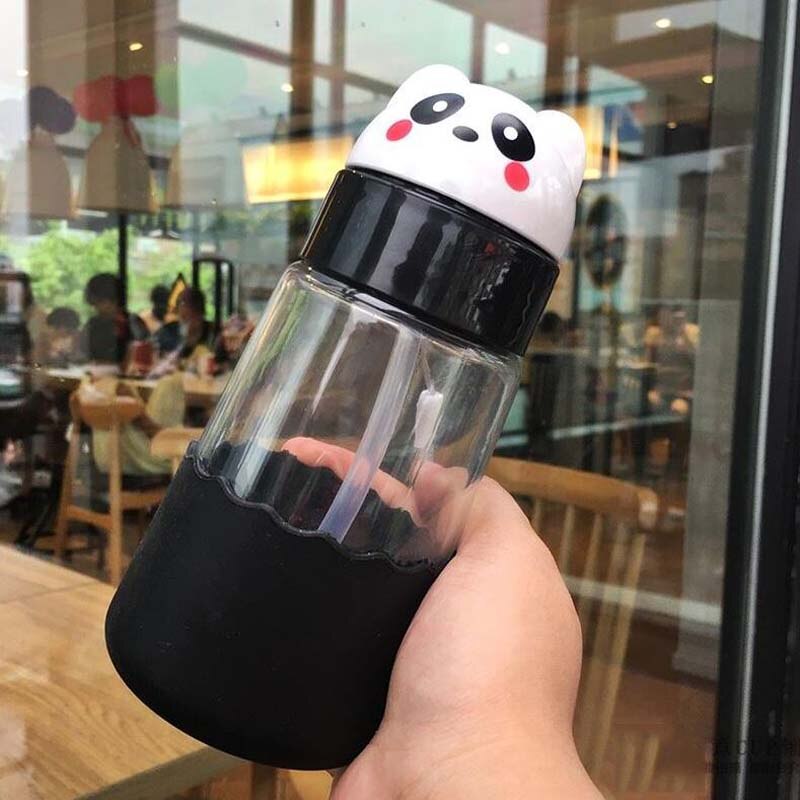 320ML Glass Baby Feeding Bottles BPA Free Anti-colic Baby Milk Bottle with Straw for Infants Feeding School Kids Bottle: Black Panda