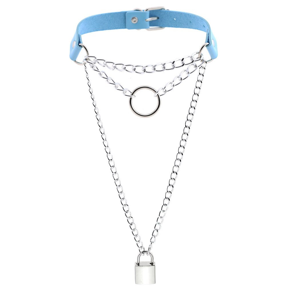 Gothic Lock Chain Necklace Multilayer Punk Choker Collar Goth Pendant Necklace Women Black Leather Emo Kawaii Witch Rave Jewelry: light blue