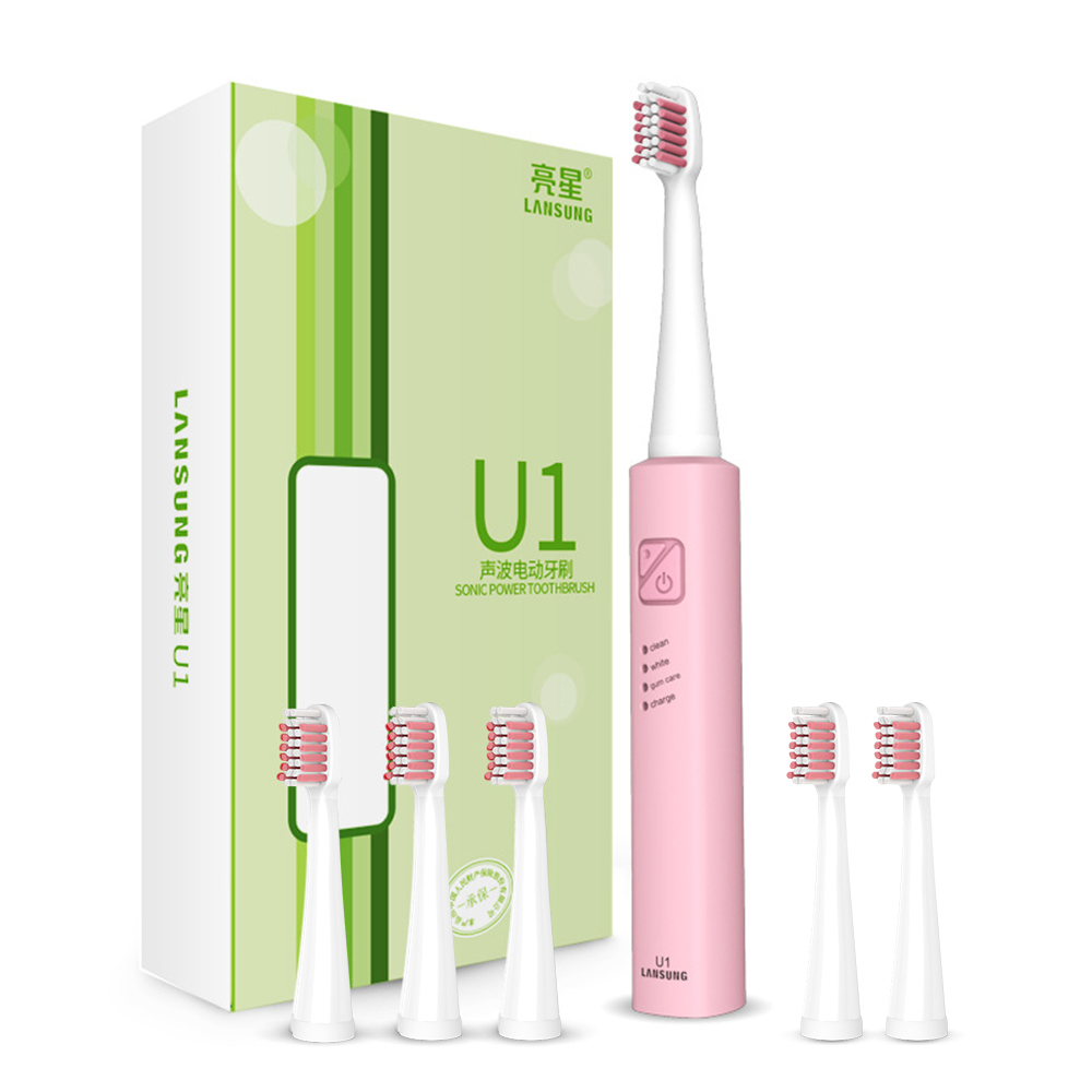 Lansung Schall- Elektrische Zahnbürste Ultra Schall- USB Aufladbare Erwachsene Zahnbürste Clever 4 Zahnbürste Köpfe Austauschbare Bleichen: U1 Rosa 6 Kopf