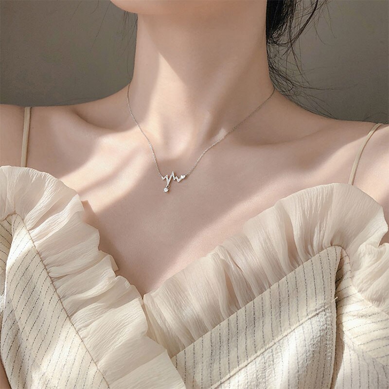 POPACC-collar latido de corazón de Plata de Ley 925 para mujer, cadena de clavícula de ondas delicadas de CZ, de joyería