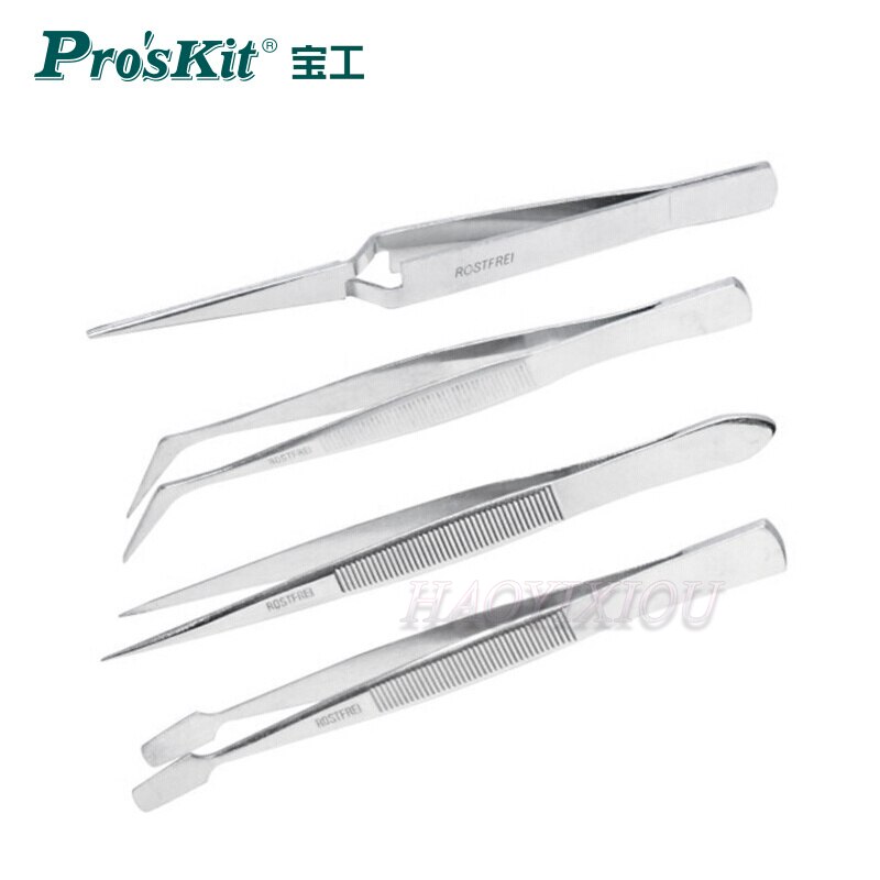 Pro'skit 4 Roestvrijstalen Pincet Set 808-389 Wees Platte Snavel Elleboog Rebound Tip Non-Magnetische Klem Hand tool