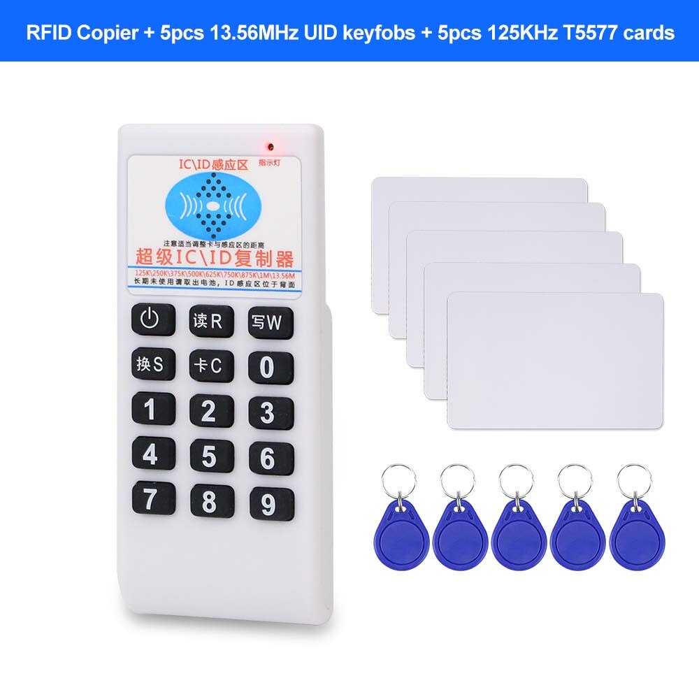 Handhållen 125 khz  -13.56 mhz frekvens rfid kopiator läsare skrivare id-kort kloner programmerare omskrivbara kort  em4305/t5577 uid: Med 5 nyckel 5 kort