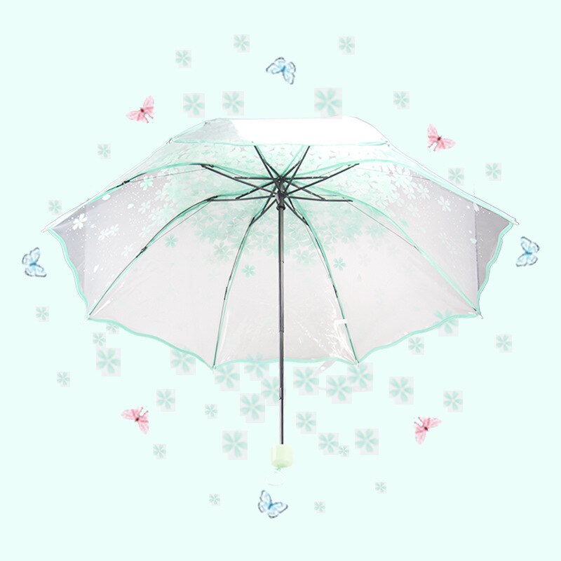 1 stk gennemsigtig paraply flerfarvet klar kirsebærblomst sakura 3 fold paraplyer, foldbart hjemmeregntøj med langt håndtag: Grøn