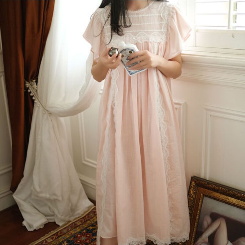 Viktorianischen Baumwolle Nacht Kleid Frauen Spitze Peignoir Romantische Jahrgang Lange Nachthemden Prinzessin Nachtwäsche Süße Nachthemd Startseite Tragen: Rosa / S