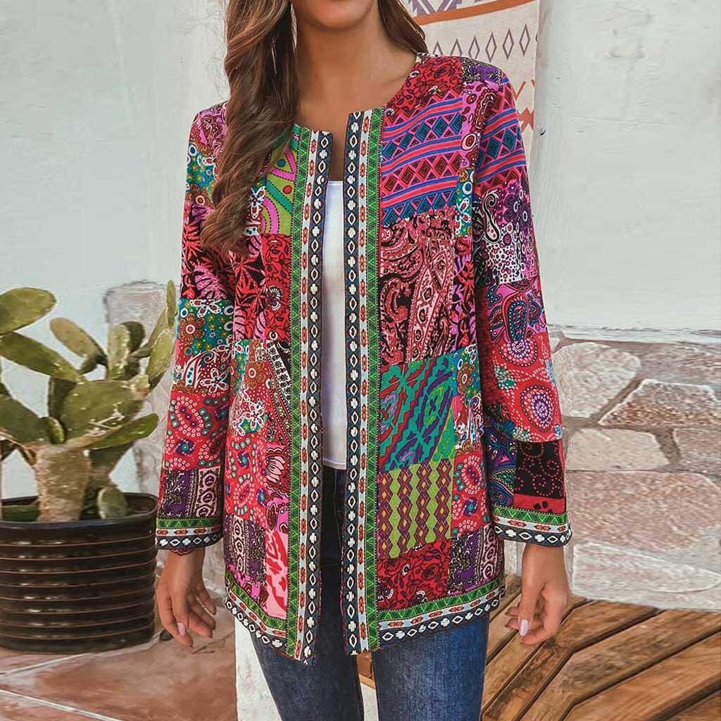 Herfst Vrouwen Vintage Etnische Stijl Bloemenprint Lange Mouwen Plus Size Katoenen Jas Jas Katoenen Jas Losse Jas Vrouw Jas: Red / 5XL