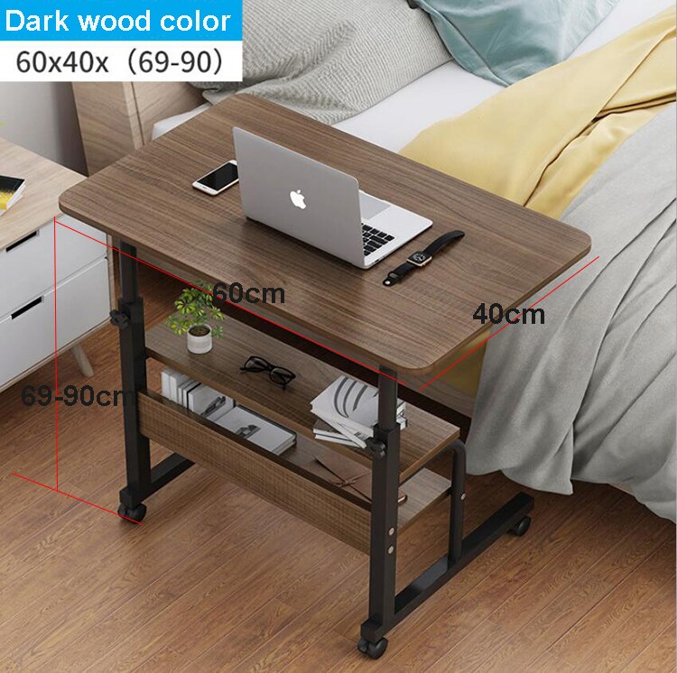 Wooden Laptop Table with Wheels Shelf Storage Height Adjustable Laptop Desk Computer Stand Desk for Sofa Bed Beside: Dark wood color A