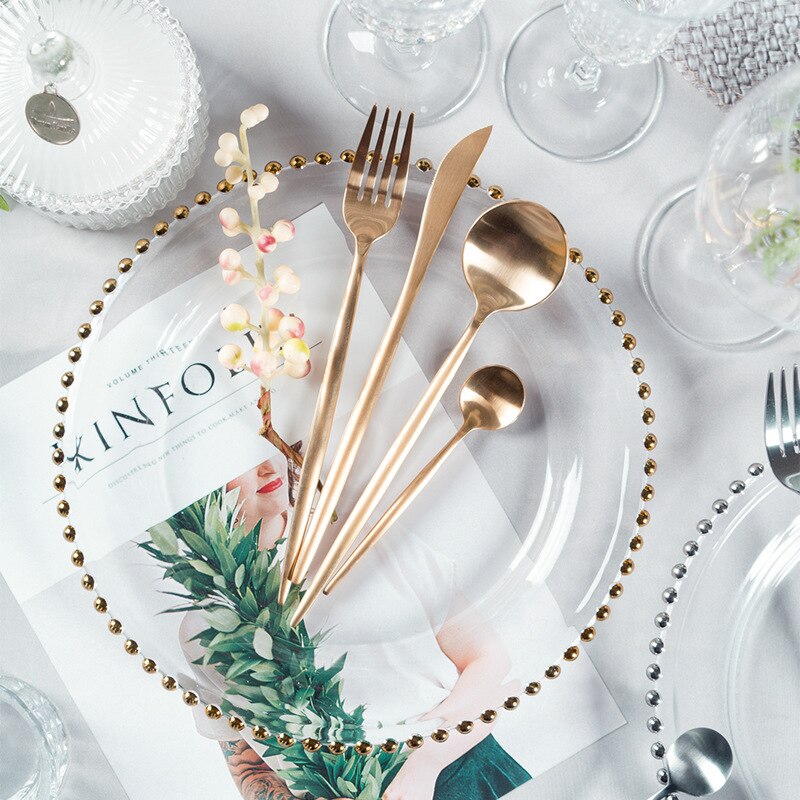 Transparent Tray Knife Fork Spoon Delicate Tableware Set Luxury Pearl Decorative Flat Glass Plate Dinnerware 5pcs/set