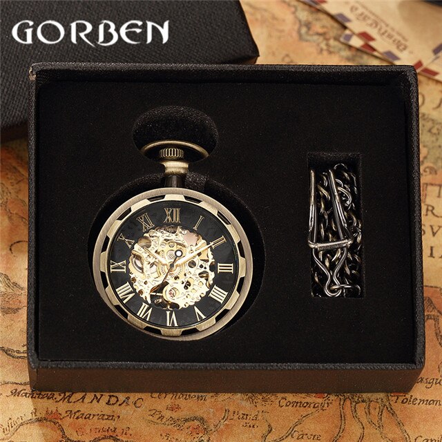 Retro Horloge Ketting Steampunk Skelet Mechanische Fob Zakhorloge Romeinse Aantal Klok Hanger Hand kronkelende Mannen Vrouwen Chain: PM009 with box