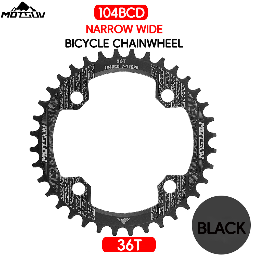 Manivela redonda para bicicleta, rueda de cadena angosta y ancha de placa única con forma redonda MTB 104BCD, 32T/34T/36T/38T: Black Round 36T