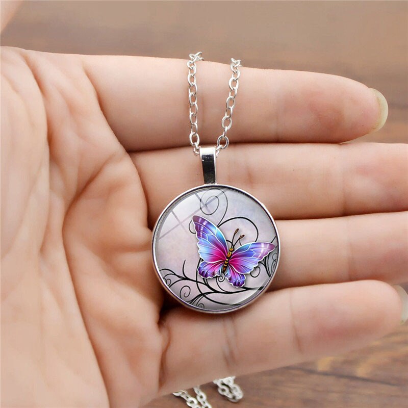 Tegel Sieraden Vlinder Glas Cabochon Ketting Stud Oorbellen Armband Set Totally 4Pcs Boom Celestial Vrouwen Sieraden Set