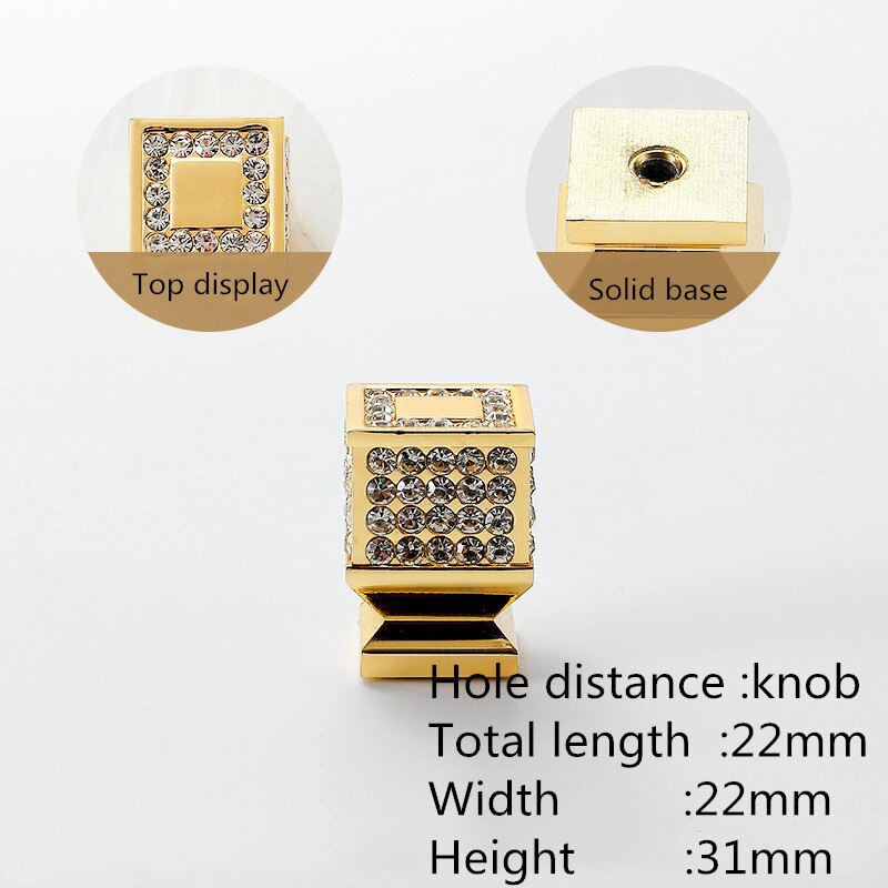 European Luxury Diamond Crystal Handle Bright Gold Zinc Alloy Kitchen Cabinet Knob and Handles Drawer Knobs Hardware: Square single hole