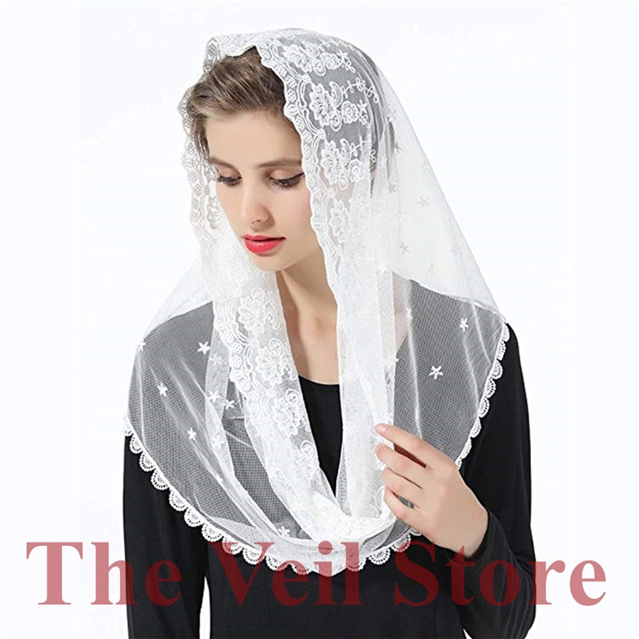 ISHSY mujeres bordado tul Mantilla de encaje capilla Velo para la Iglesia cubierta de cabeza de Latina Velo para misa Mantilla Velo de Novia Mantille