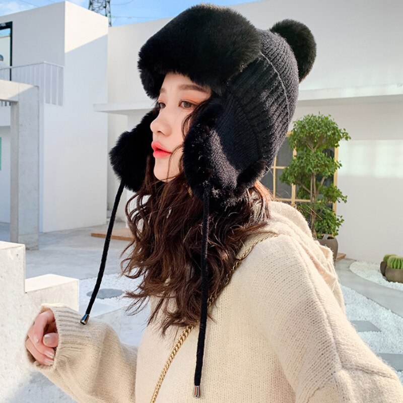 Ht2845 tjocka varma stickade mössor dam solid rysk päls mössa dam snö skidfångare öronlapp keps kvinnlig bomber hatt varm rysk keps