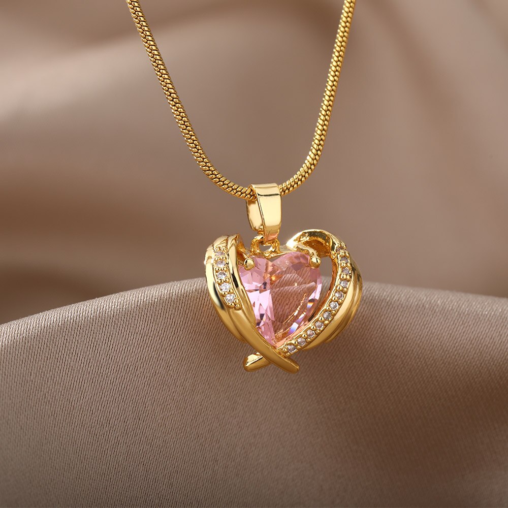 Niedliche rosa halskette mit herzanhänger aus kristall für damen, edelstahl, goldene choker-kette, einteiliges schmuckstück für partys