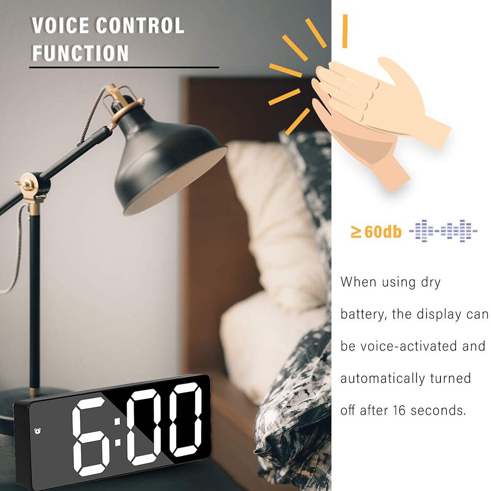 Abs spegel väckarklocka led digital klocka röstkontroll snooze tid temperatur display nattläge